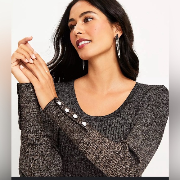LOFT Sweaters - LOFT Shimmer Pearlized Cuff Ribbed Puff Sleeve Sweater Womens Medium Metallic